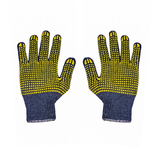 grey safety gloves with black/yellow dotting 